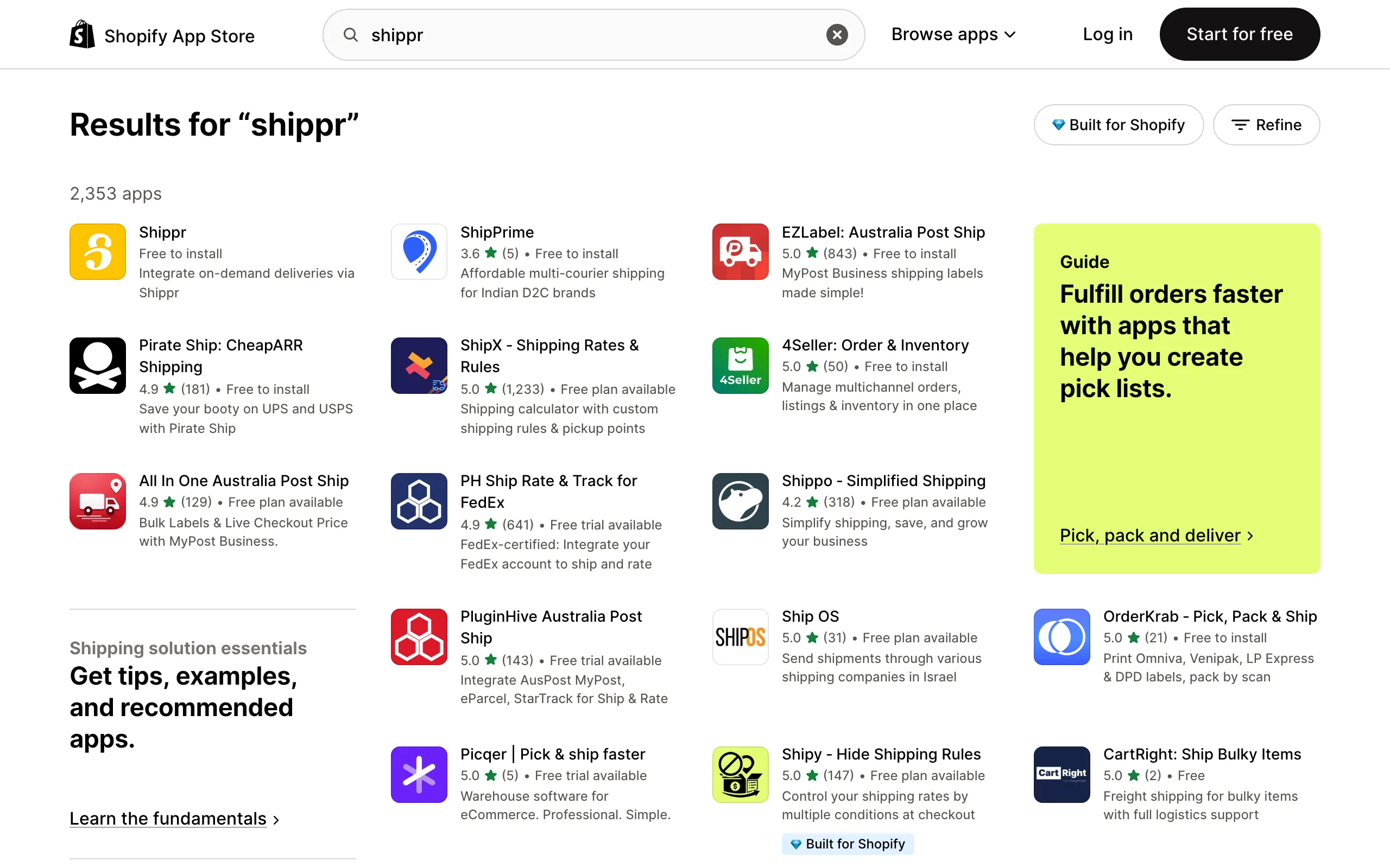 L'App Store Shopify, avec « shippr » saisi dans la barre de recherche.