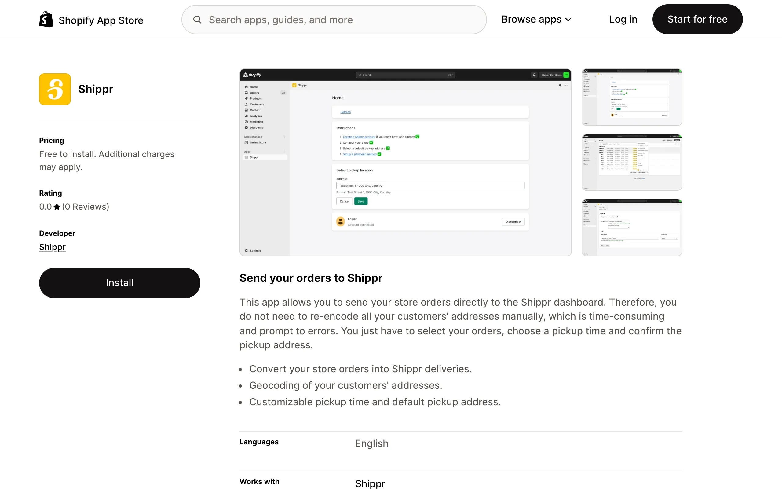La fiche de l'application Shippr sur l'App Store Shopify, avec le bouton « Install ».