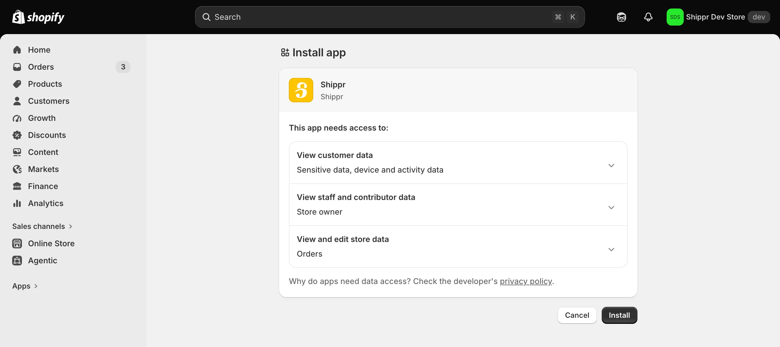 L'écran des permissions demandées par l'application Shippr avant son installation.