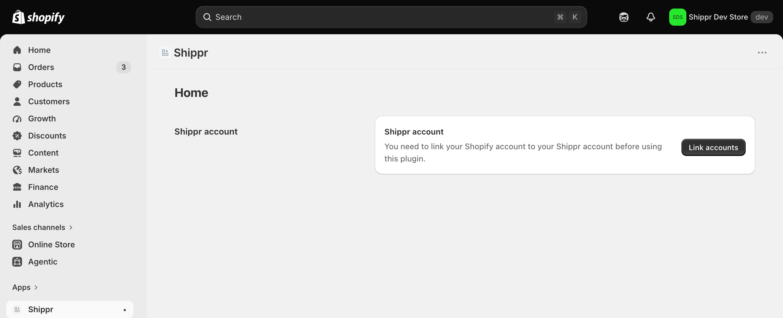 L'accueil de l'application Shippr dans l'administration Shopify, avec le bouton « Link accounts ».