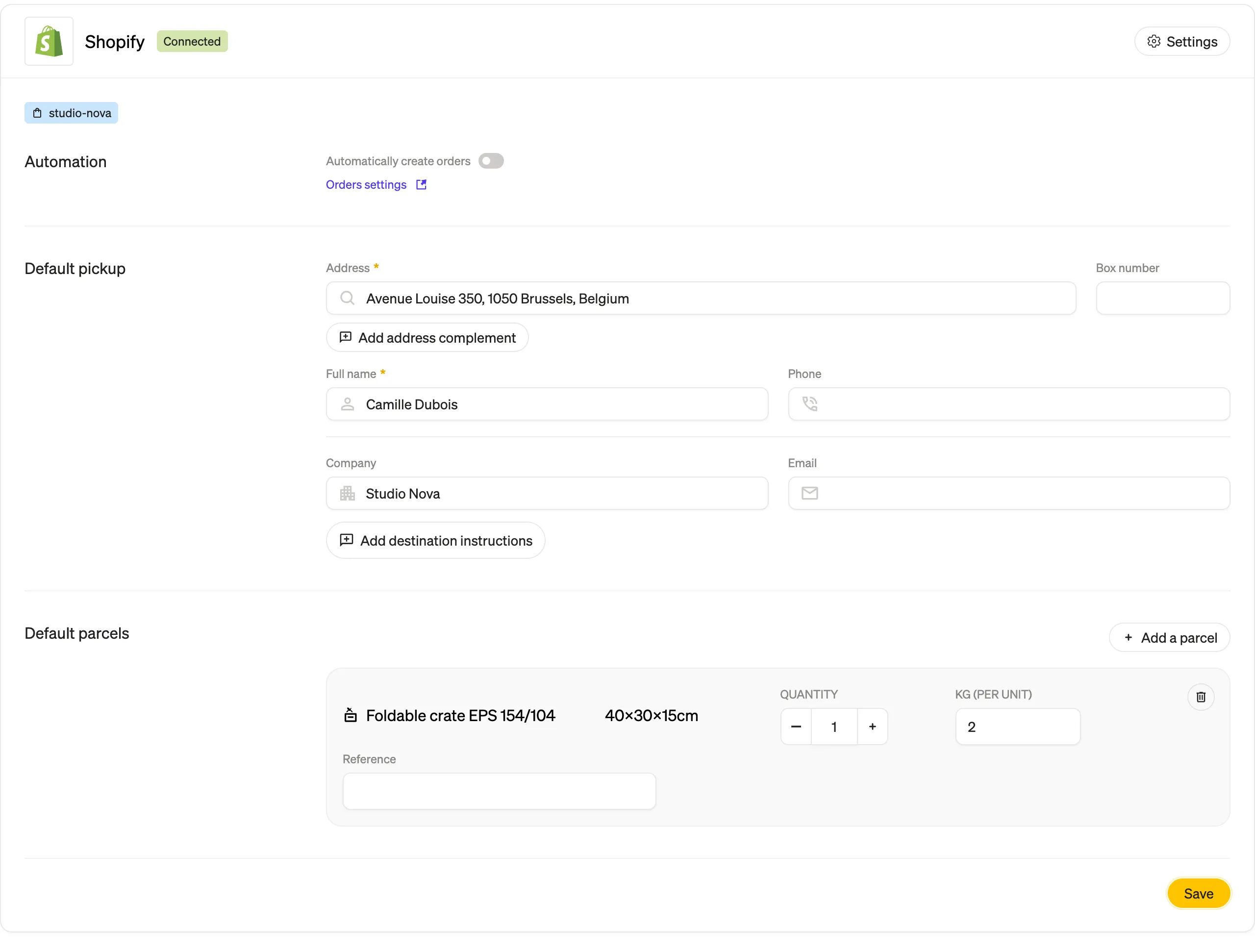 Les réglages Shopify dans le tableau de bord Shippr : automatisation, adresse de prise en charge et colis par défaut.