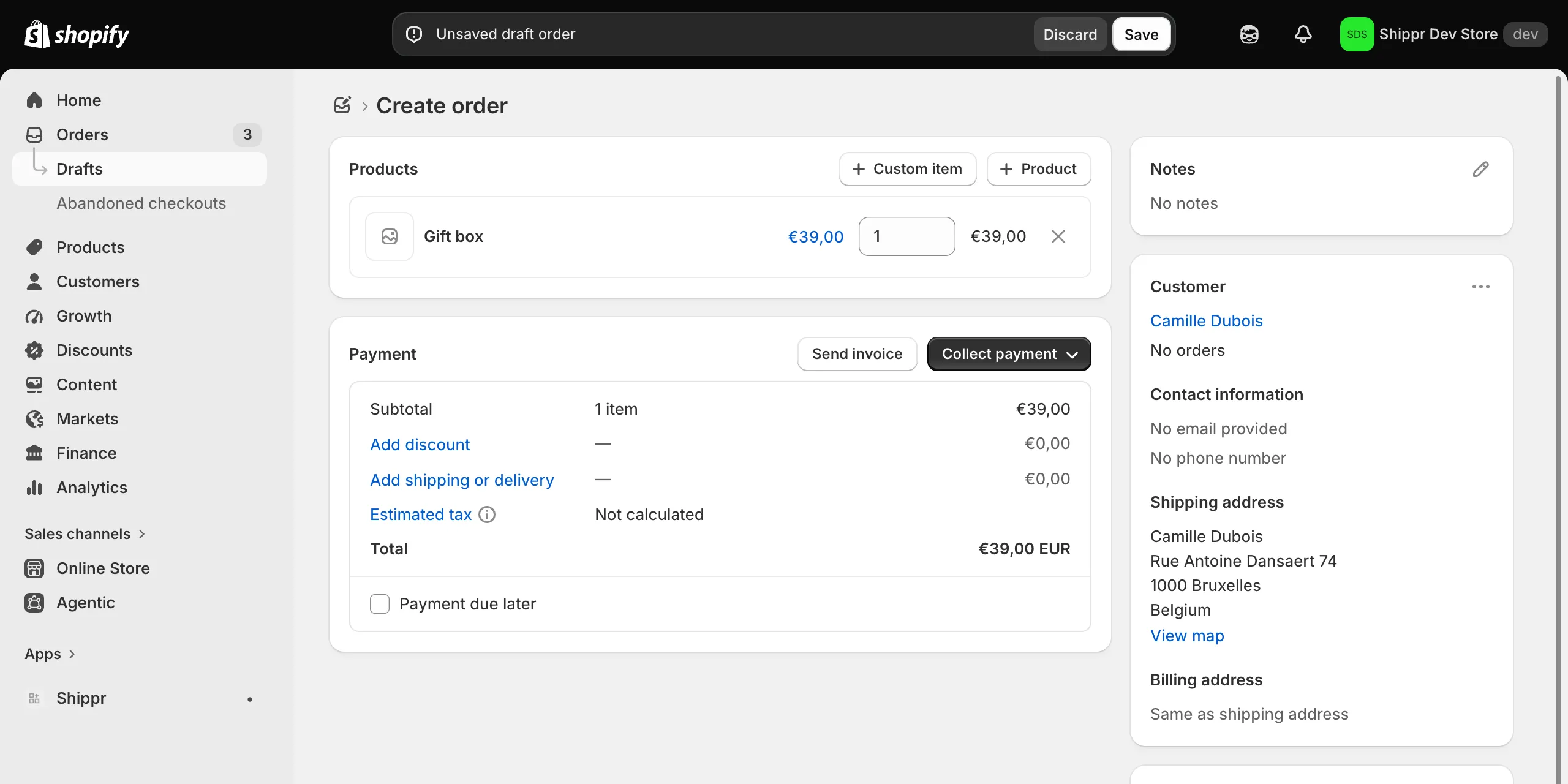 L'écran de création d'une commande dans l'administration Shopify.